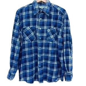 Forte Mens Blue Button Up Plaid Shirt Size Large